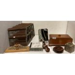 A small twelve bottle wood and metal wine rack, a wood storage box, a Rabone tape measure,