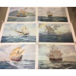 Six unframed and rolled prints by the artist J Steven Dews of HMS Beagle, Mayflower, Cutty Sark,