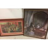 Two framed pictures of cats - cartoon of cats at dinner table 54 x 36cm and cat looking in a mirror