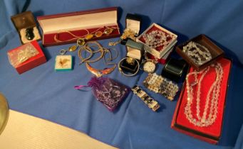 Contents to tray - an assortment of Aurora Borealis and vintage glass bead necklaces,