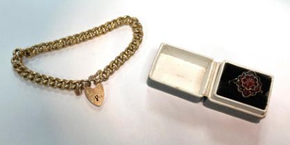 Two items - a 9ct gold gate bracelet (heart padlock, 7" long, total weight 9.