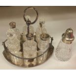 Mappin & Webb Queens plate six piece cut glass cruet set (damage to top of handle) and a sugar