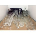 Contents to tray - fifty pieces of glassware including boxed Caithness glass cranberry-coloured