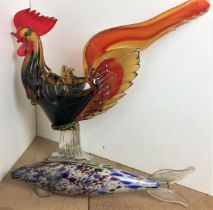Two glass pieces - cockerel by Franco Giancarlo Toffolo of the Venetian Glass Company,