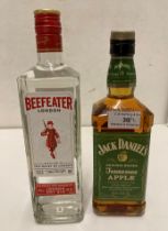 A 70cl bottle of Beefeater London dry gin (40% volume) and a 70cl bottle of Jack Daniels Tennessee