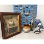 Box containing six items including blue canvas wall-hanging of nautical knots 60 x 50cm,