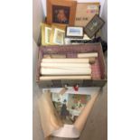 Fibre suitcase containing seven framed prints, picture of teddy bear on wood,