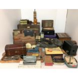 Thirty five plus items including mahogany tea caddy 20 x 11 x 10cm high, Harmonica, letter rack,