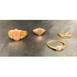 Four gold rings - two 9ct signet rings - one size V and one size M,