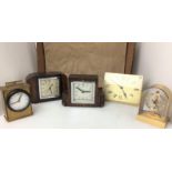 Box containing five mantel clocks including four battery clocks - Emes brass skeleton clock 15cm