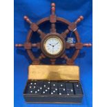 Set of 28 Empire Dominoes in tin and a History Craft Resin ships wheel wall clock, 10.