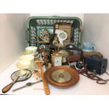 Contents to green wash basket, box and contents - twenty plus items including four clocks,