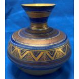 Mary Rich Studio Pottery bud vase decorated in a gold and blue design,