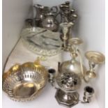 Eleven pieces of silver plate including pair of three arm candelabra with matching candlestick,