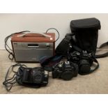 Contents to box - Technica DAB-206 digital radio ad a Praktica Bx20 with a 50mm lens,