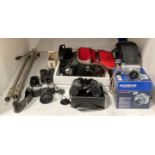 Eight assorted camera and accessories including Fujica AX-3 camera, Belmont De Luxe 8x30 binoculars,