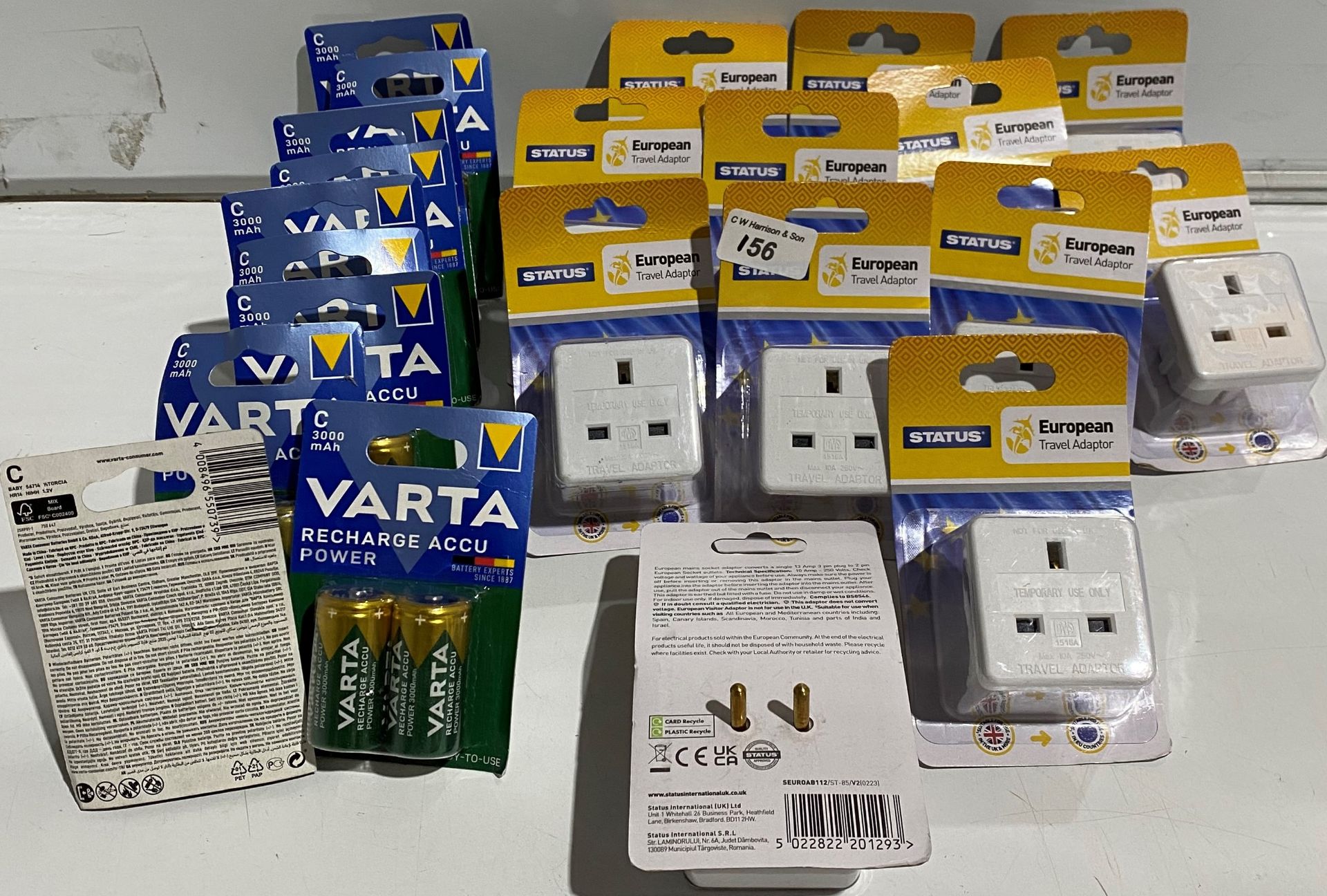 12 x Status European travel adapter & 10 packs of 2 Varta C rechargeable battery 3000 MAH
