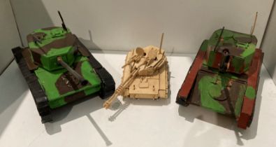 Three handmade wooden military tanks 35 x 20cm,