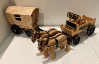 Handmade wooden 'Bass Ale' double horse and cart 63 x 16 x 26cm H and a handmade wooden 'Gypsy'