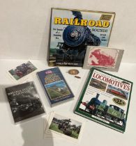 Contents to box - assorted railways items including Great Northern Railway Doncaster cap badge and