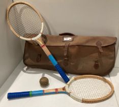 Vintage cleave tennis raquet bag and two Champion tennis raquets(saleroom location: S1 T4)