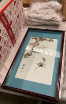 Oriental mother of pearl picture depicting two cranes and four vintage baby gowns (Saleroom