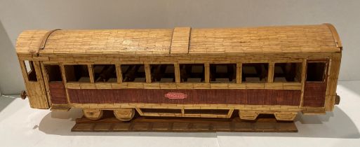 Handmade wooden 'Classic British' trackside train on a train track plinth,