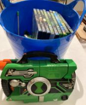 Ben 10 briefcase tech blaster and holographic watch omnitrix (no discs) and ten Ben 10 DVDs,