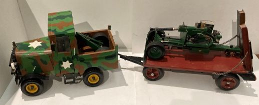 Handmade metal and wooden military 'Mack' truck with trailer and mobile cannon,