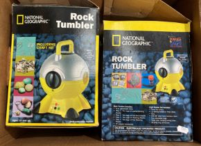 Two National Geographic rock tumblers and contents to box - 3 x 20 compartment rock holders,