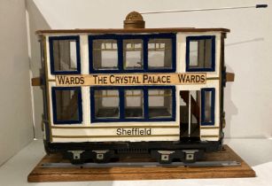 Handmade wooden vintage tram Sheffield Wednesday Hillsborough football ground on a wooden tram