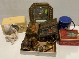 Contents to tray - 9 assorted brass items, old tins, vintage-style 240v AM/FM radio, resin figurine,