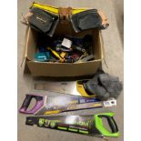 Contents to box - a leather tool belt, Makita drill bits assorted hand tools including chisels,