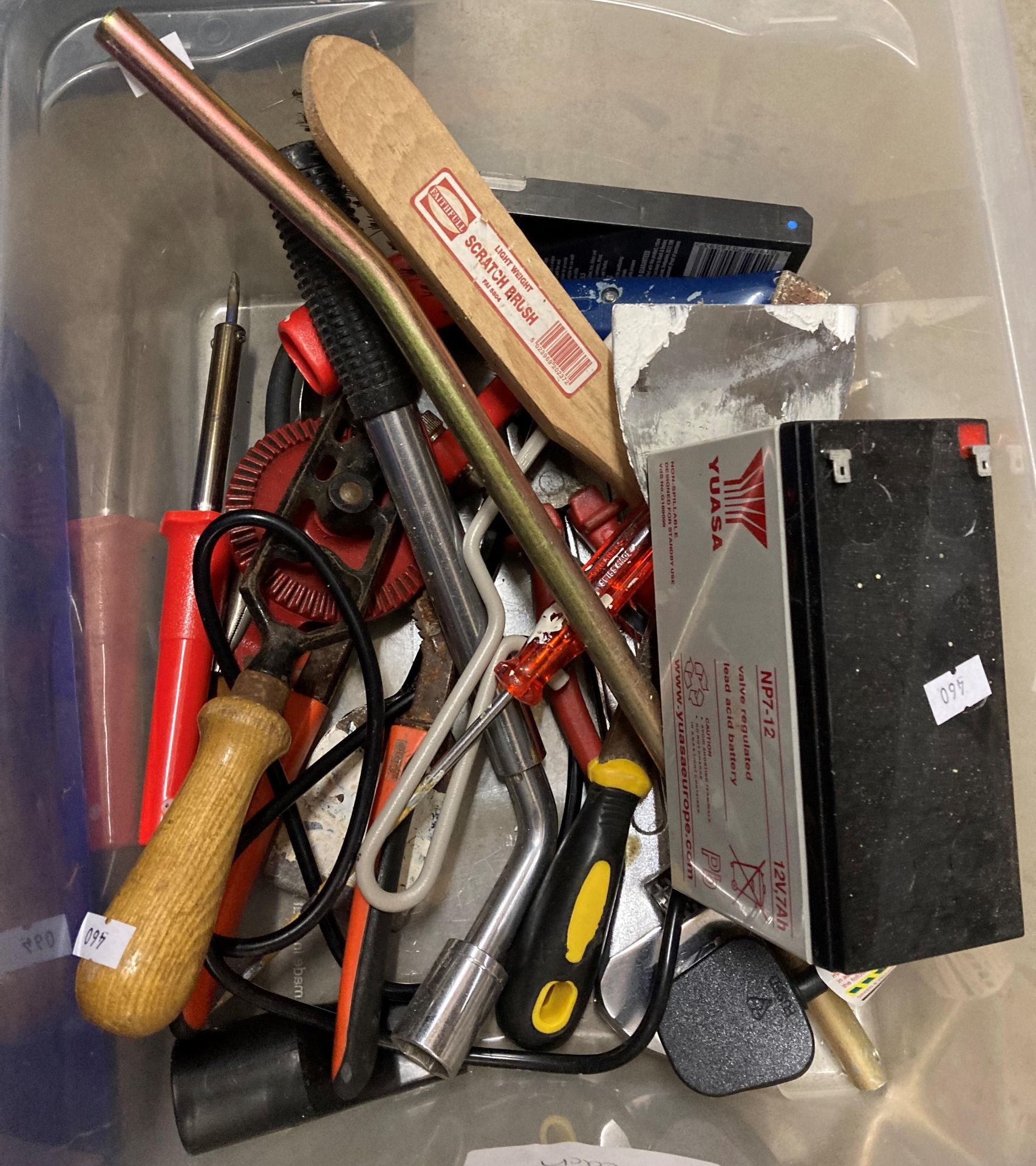 A plastic two-tier tool box and assorted hand tools, metal tool box, mitre block, - Image 2 of 3