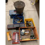 Contents to under shelf area - brass blow lamp, 150 rotary bit set (boxed), sundry hand tools,