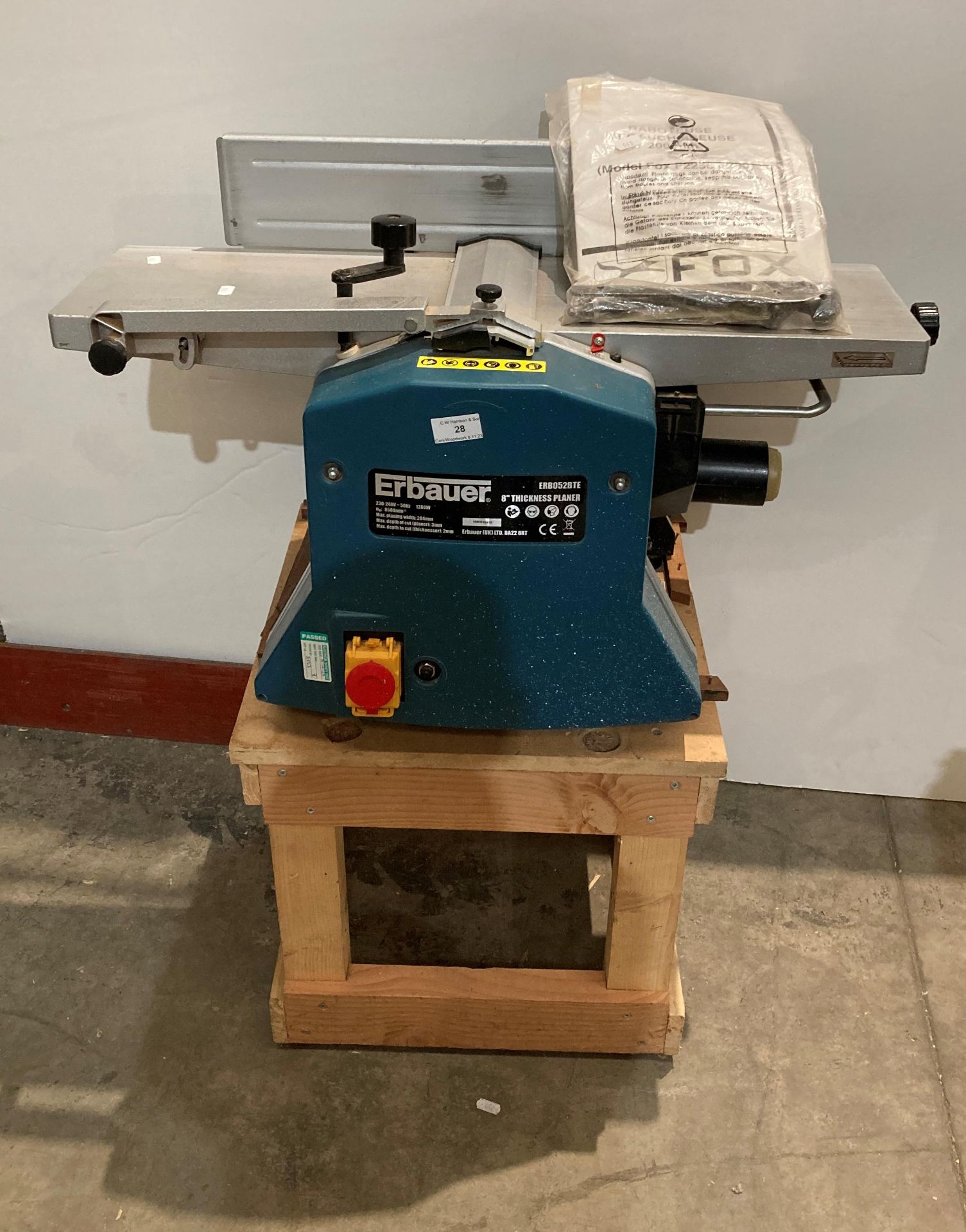 Fox model: F22564-200 planer/thicknesser (single phase) with original manual on wooden plinth and