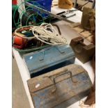 Contents to part of rack - two metal tool boxes and assorted hand tools, box saw, bit and brace,