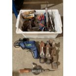 Contents to box - Craft electric hand drill, 3 Stanley etc hand planes, sundry hand tools,