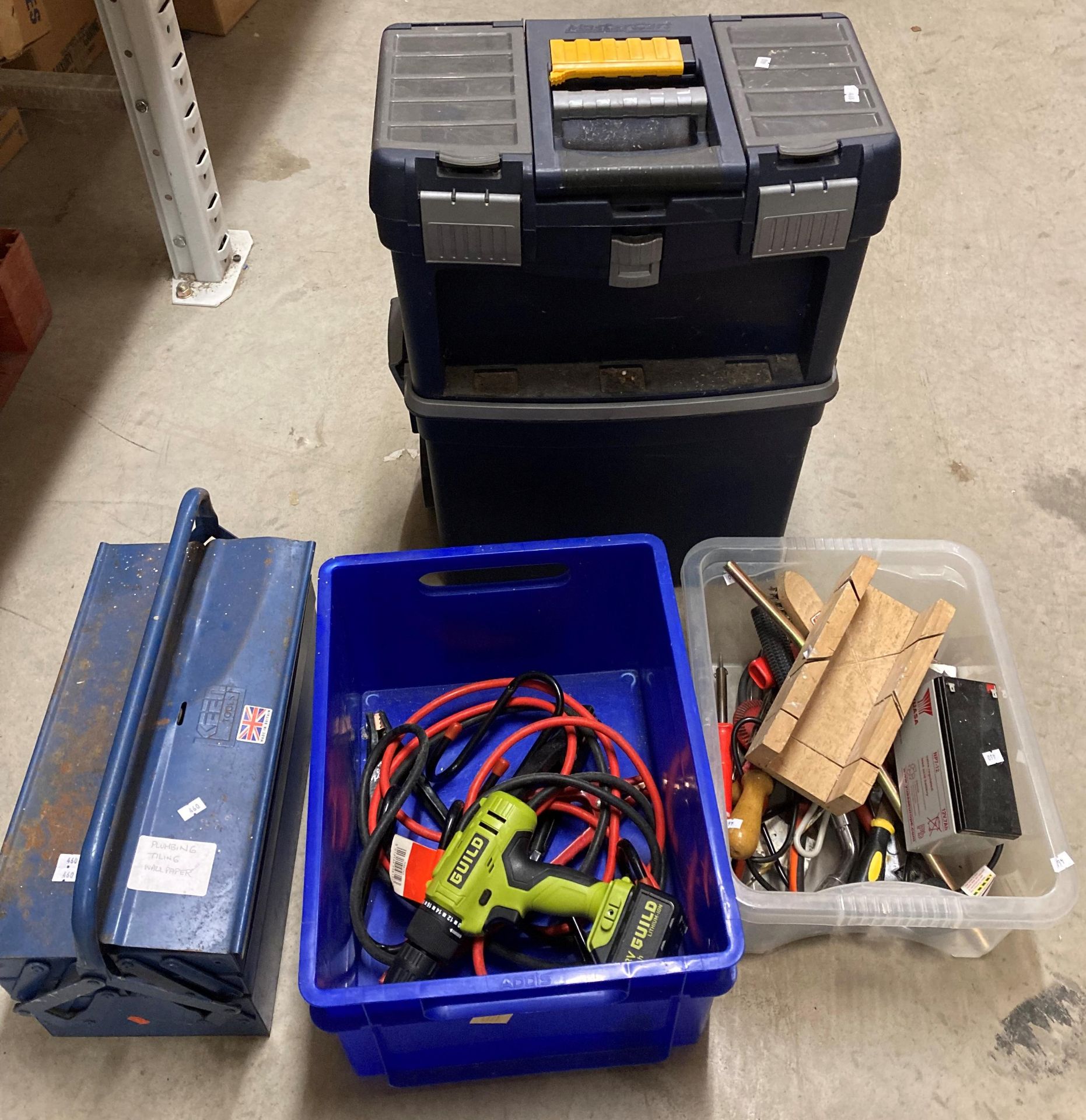 A plastic two-tier tool box and assorted hand tools, metal tool box, mitre block,