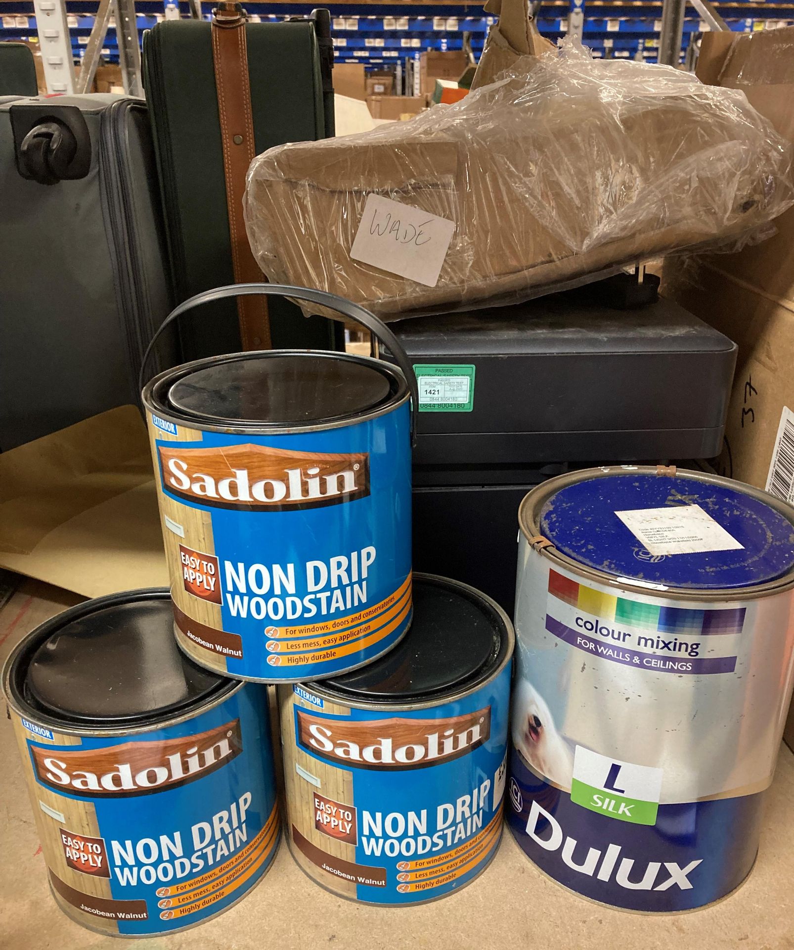 3 x 2.5L tins of Sadolin 'Jacobean Walnut' nondrop wood stain and a 5L