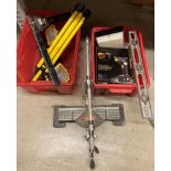 Contents to two crates - double yellow work light (240v) on tripod stand, a Richmond mitre saw,