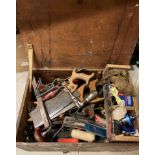 Contents to joiners box - includes bit and brace, hand saws, chisels, files, hammers,