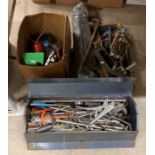 Contents to metal tool box and 2 trays - large quantity of spanners, sockets, Draper stilson,