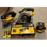 Four assorted 18v DeWalt cordless hand tools including multi-tool DC5355N, XR DCW210 pad sander,