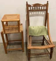 Wooden nursing chair (no cushion) and two assorted wooden stools with wicker tops (saleroom