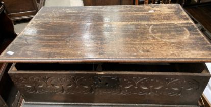An 18th century carved oak Bible box 43 x 72 x 25cm deep (saleroom location: S3QC02)