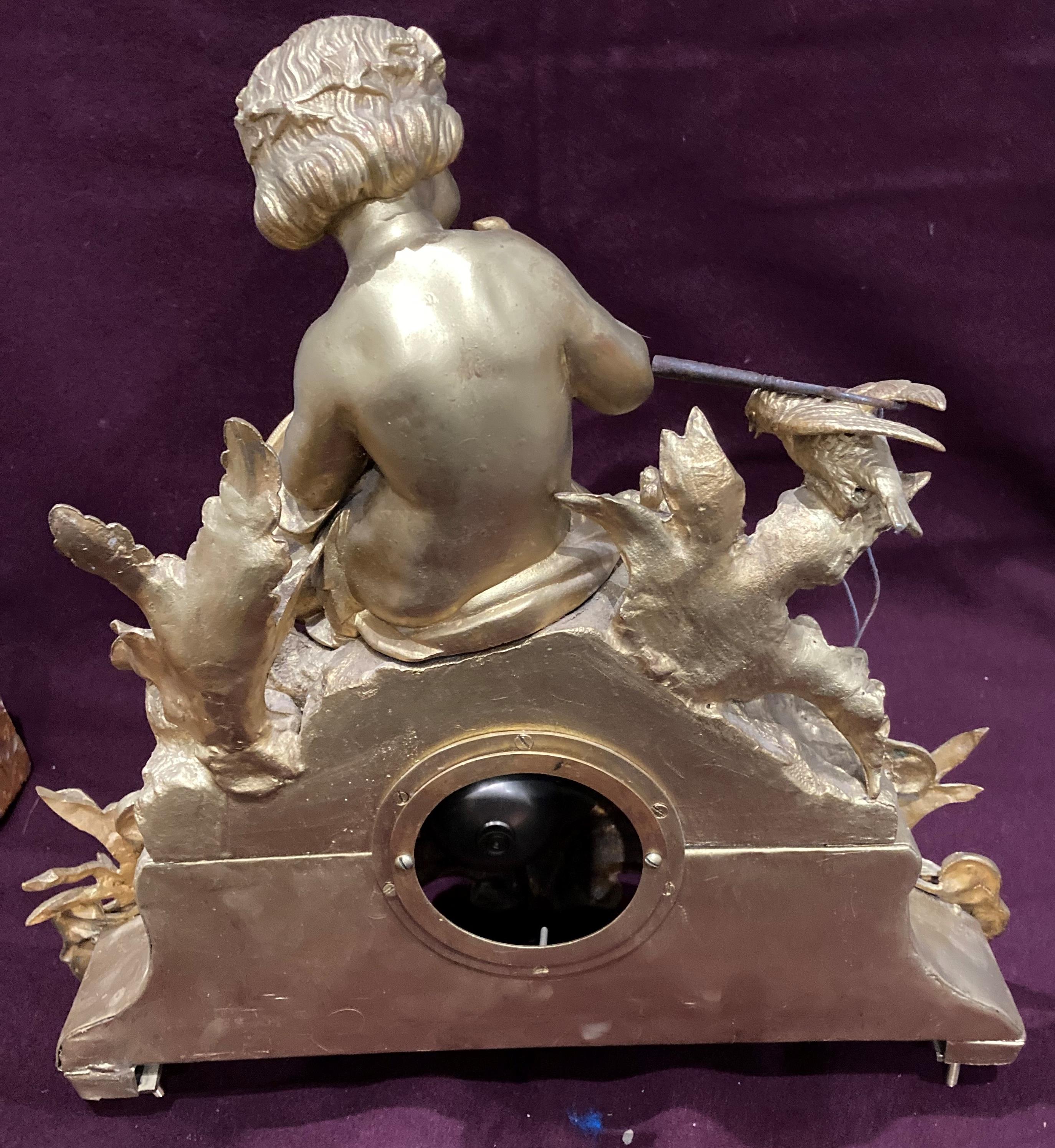 A gilt finish figural mantel clock surmounted by a young girl and mounted on plinth - 45cm high - Image 9 of 9