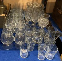 Thirty-seven piece glass set with etched floral design and a cut glass fruit bowl (saleroom