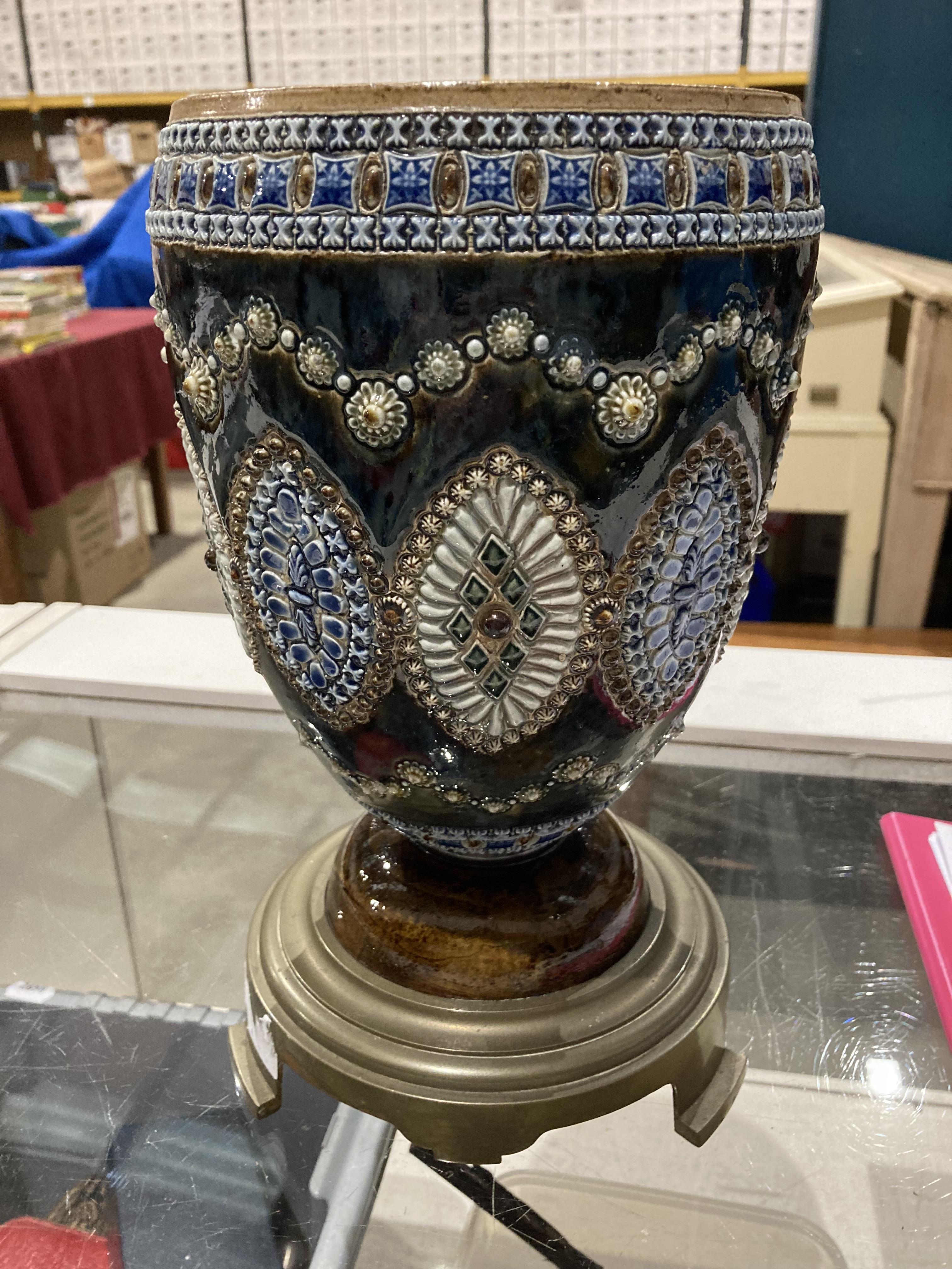 Hink's No 2 Duplex oil lamp on Doulton blue and green glazed column, etched shade and glass funnel, - Image 13 of 17