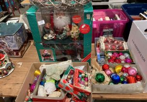 A Holiday Scene 'Painting Santa' in box and a quantity of vintage Christmas decorations and baubles